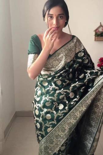 Green soft linen blend banarasi jacuard work designer party wear saree with unstitched blouse piece