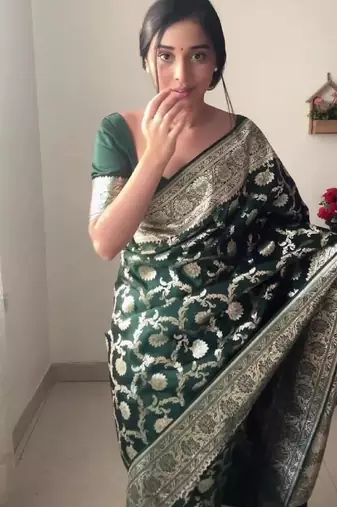 Green soft linen blend banarasi jacuard work designer party wear saree with unstitched blouse piece