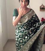 Green linen blend banarasi saree with unstitched blouse piece
