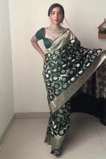 Green linen blend banarasi saree with unstitched blouse piece