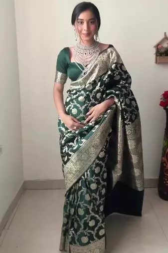 Green linen blend banarasi saree with unstitched blouse piece
