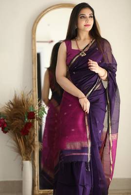 Purple pink linen blend banarasi saree with unstitched blouse piece 2