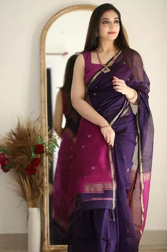 Purple pink linen blend banarasi saree with unstitched blouse piece