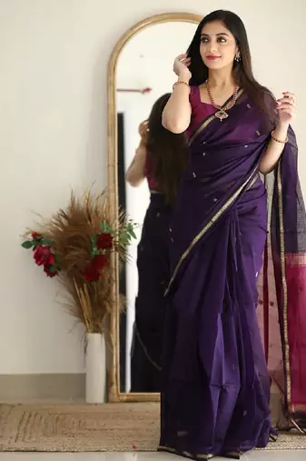 Purple pink soft linen blend banarasi jacuard work designer party wear saree with unstitched blouse piece