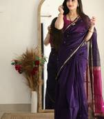 Purple pink linen blend banarasi saree with unstitched blouse piece