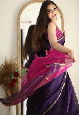 Purple pink linen blend banarasi saree with unstitched blouse piece 4