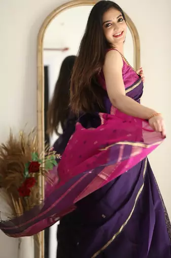 Purple pink linen blend banarasi saree with unstitched blouse piece