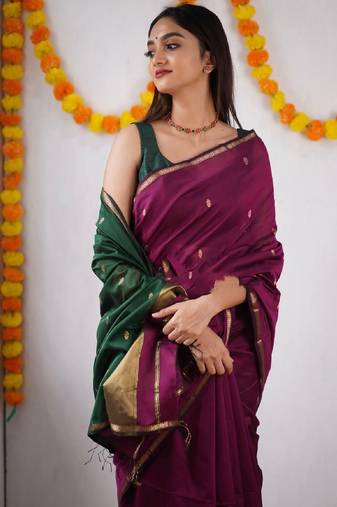Rani green soft linen blend banarasi jacuard work designer party wear saree with unstitched blouse piece