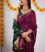 Rani green linen blend banarasi saree with unstitched blouse piece