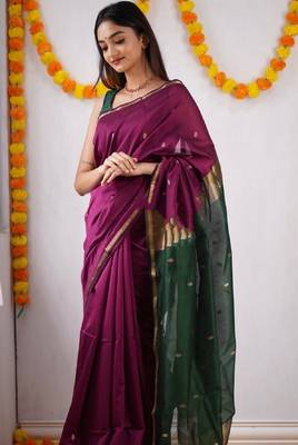 Rani green linen blend banarasi saree with unstitched blouse piece 2