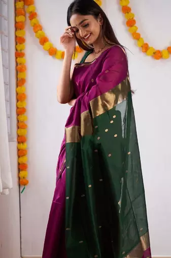 Rani green linen blend banarasi saree with unstitched blouse piece
