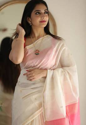 White pink linen blend banarasi saree with unstitched blouse piece 3
