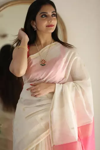 White pink linen blend banarasi saree with unstitched blouse piece