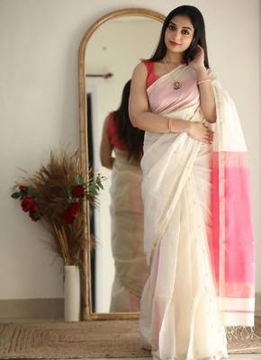 White pink linen blend banarasi saree with unstitched blouse piece 4