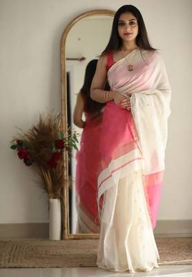 White pink linen blend banarasi saree with unstitched blouse piece 1