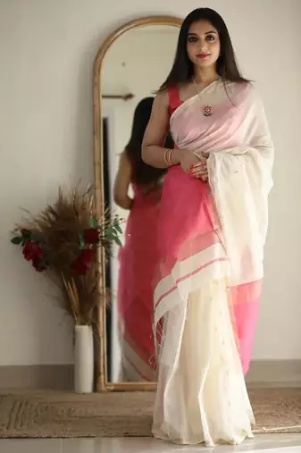 White pink soft linen blend banarasi jacuard work designer party wear saree with unstitched blouse piece