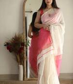 White pink linen blend banarasi saree with unstitched blouse piece