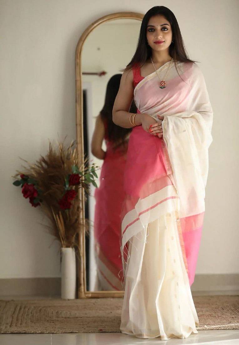 White pink soft linen blend banarasi jacuard work designer party wear saree with unstitched blouse piece