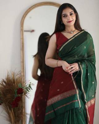Green maroon linen blend banarasi saree with unstitched blouse piece 2