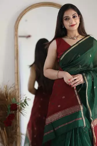 Green maroon linen blend banarasi saree with unstitched blouse piece