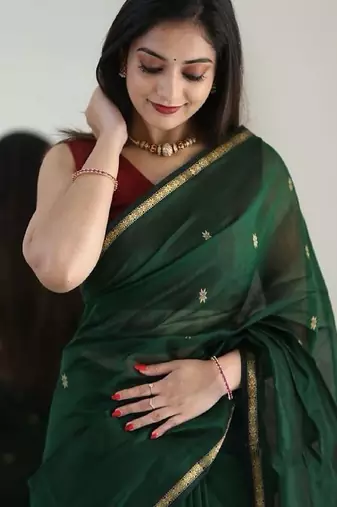 Green maroon linen blend banarasi saree with unstitched blouse piece