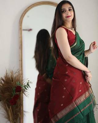 Green maroon linen blend banarasi saree with unstitched blouse piece 1