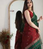 Green maroon linen blend banarasi saree with unstitched blouse piece