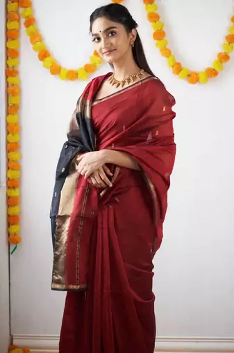 Maroon black soft linen blend banarasi jacuard work designer party wear saree with unstitched blouse piece