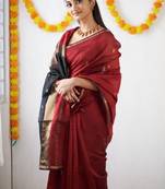 Maroon black linen blend banarasi saree with unstitched blouse piece