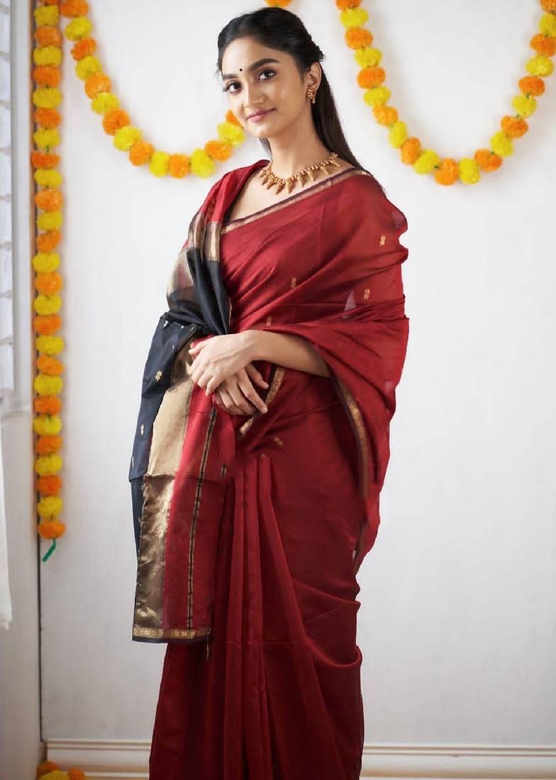 Maroon black soft linen blend banarasi jacuard work designer party wear saree with unstitched blouse piece