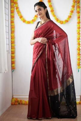 Maroon black linen blend banarasi saree with unstitched blouse piece 2
