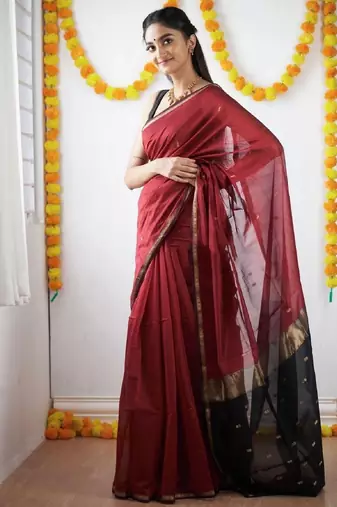 Maroon black linen blend banarasi saree with unstitched blouse piece