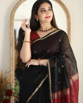 Black red linen blend banarasi saree with unstitched blouse piece 1