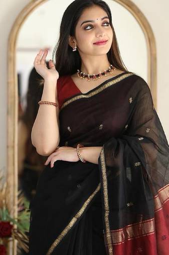 Black red soft linen blend banarasi jacuard work designer party wear saree with unstitched blouse piece