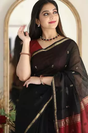 Black red soft linen blend banarasi jacuard work designer party wear saree with unstitched blouse piece