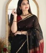 Black red linen blend banarasi saree with unstitched blouse piece