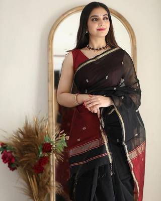Black red linen blend banarasi saree with unstitched blouse piece 2