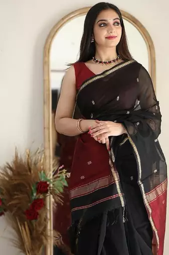 Black red linen blend banarasi saree with unstitched blouse piece