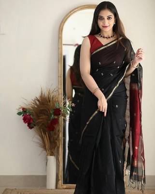Black red linen blend banarasi saree with unstitched blouse piece 3