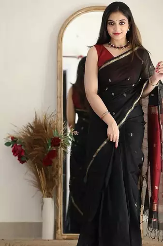 Black red linen blend banarasi saree with unstitched blouse piece