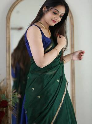 Green blue linen blend banarasi saree with unstitched blouse piece 1