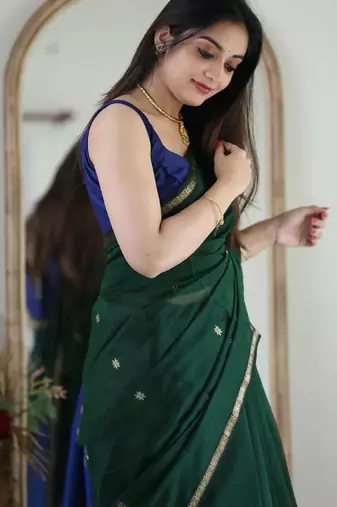 Green blue soft linen blend banarasi jacuard work designer party wear saree with unstitched blouse piece