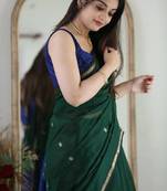Green blue linen blend banarasi saree with unstitched blouse piece