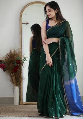 Green blue linen blend banarasi saree with unstitched blouse piece 2