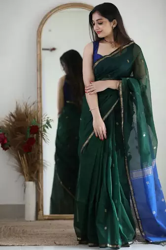 Green blue linen blend banarasi saree with unstitched blouse piece