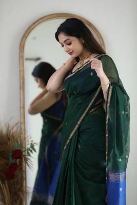 Green blue linen blend banarasi saree with unstitched blouse piece 3