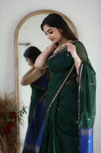 Green blue linen blend banarasi saree with unstitched blouse piece