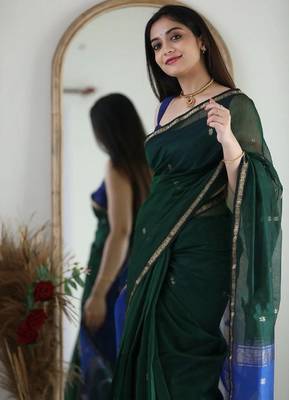 Green blue linen blend banarasi saree with unstitched blouse piece 4