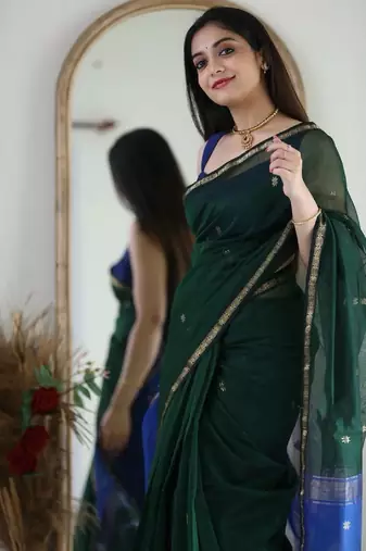 Green blue linen blend banarasi saree with unstitched blouse piece