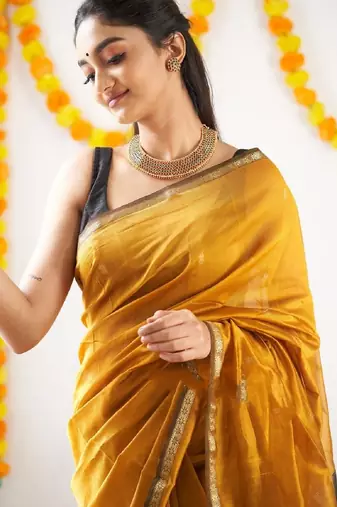 Yellow black linen blend banarasi saree with unstitched blouse piece